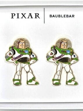 BaubleBar x Disney Pixar Buzz Lightyear Stud Earrings hands on hips stance NEW